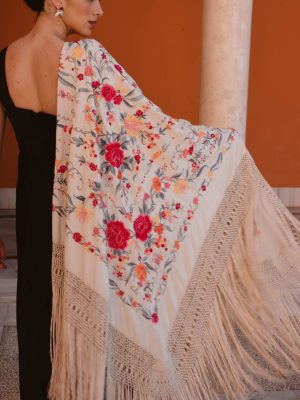 Mantón antiguo mediano marfil crisantemos