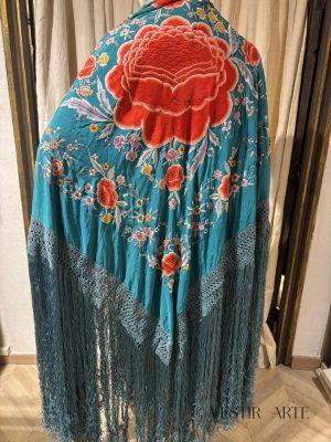 Mantón antiguo azul turquesa