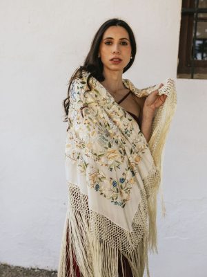 Mantón seda blanco y azules