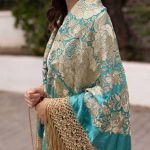 mantón antiguo seda a mano turquesa flores marfil