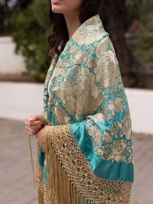 mantón antiguo seda a mano turquesa flores marfil