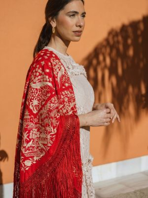 manton seda antiguo chino rojo y marfil