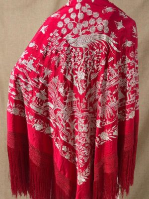 manton seda antiguo chino rojo y marfil