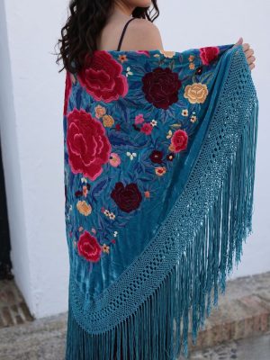 manton seda antiguo azul turquesa flores grandes