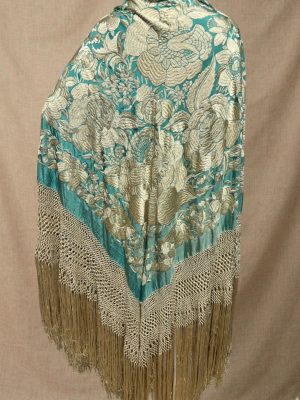 mantón antiguo seda a mano turquesa flores marfil