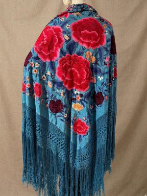 manton seda antiguo azul turquesa flores grandes