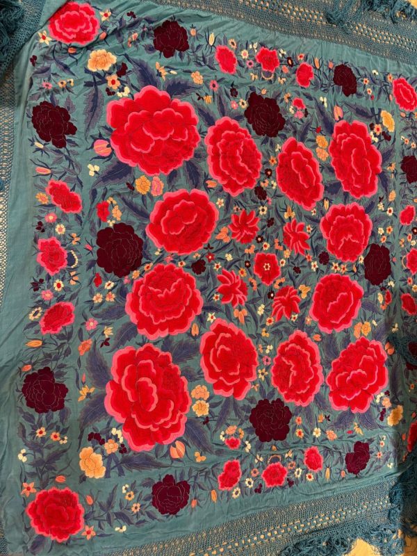 manton seda antiguo azul turquesa flores grandes