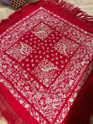 manton seda antiguo chino rojo y marfil