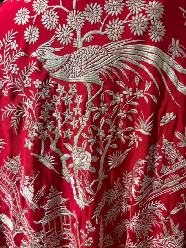 manton seda antiguo chino rojo y marfil