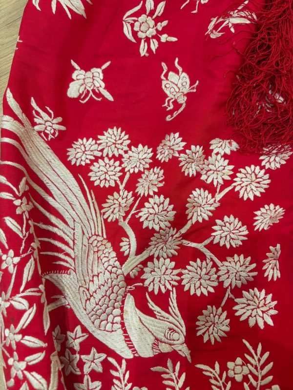 manton seda antiguo chino rojo y marfil