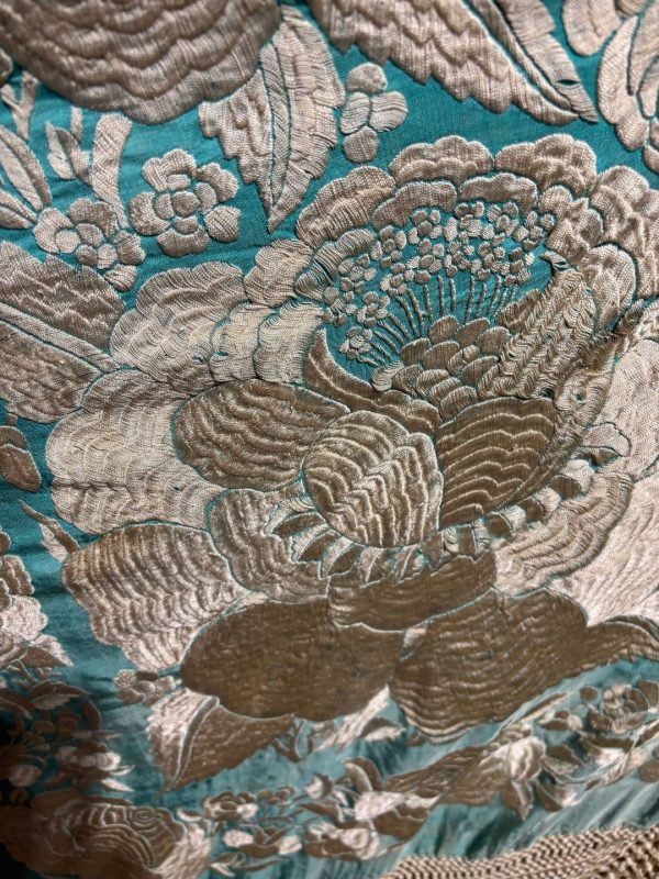 mantón antiguo seda a mano turquesa flores marfil