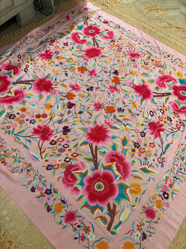 manton seda antiguo rosa y multicolor