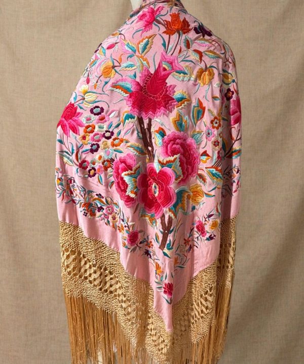 manton seda antiguo rosa y multicolor