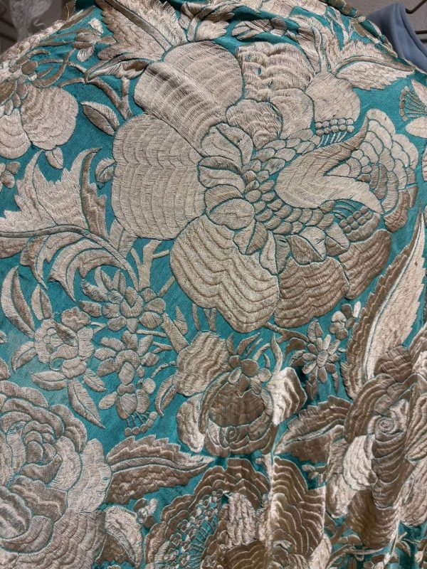 mantón antiguo seda a mano turquesa flores marfil
