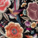 Mantón de Manila antiguo seda negra con rosas multicolor y aves del paraíso bordadas a mano