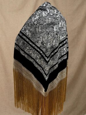Mantón antiguo de seda a mano chinos negro y marfil
