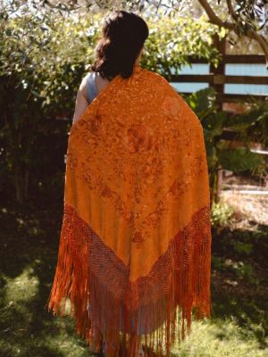 Mantón seda vintage a mano naranja mandarina