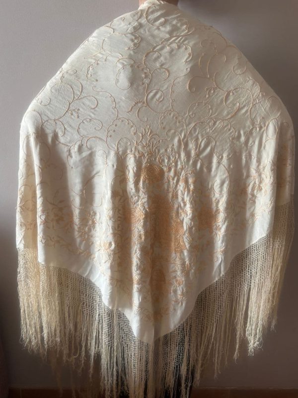 mantón antiguo isabelino marfil bordado oro