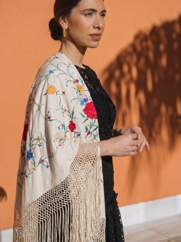 mantón vintage marfil multicolor